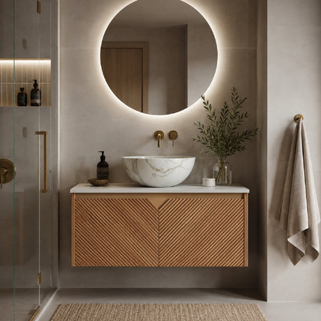 Modern Floating Brown Oak Bathroom Vanity with Sink | OROA