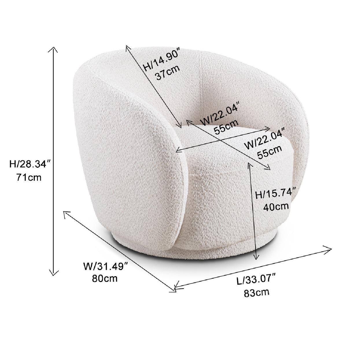 White Boucle Upholstered Swivel Barrel Accent Chair | OROA