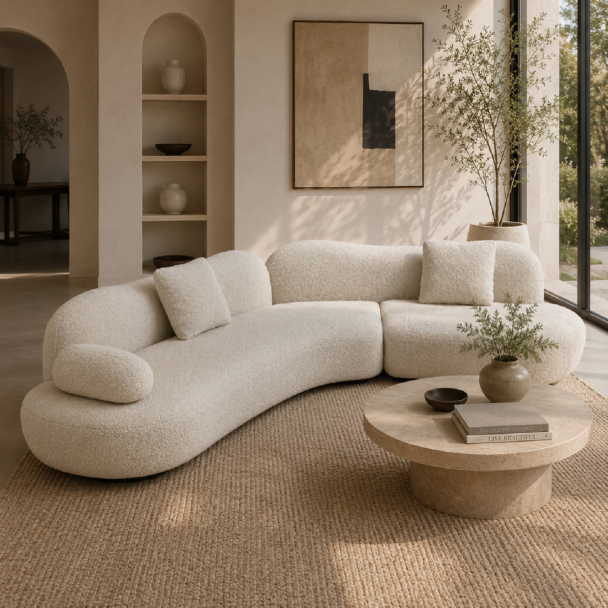 Modern European furniture - Beige Bouclé Curved Sectional Sofa - www.oroa.com