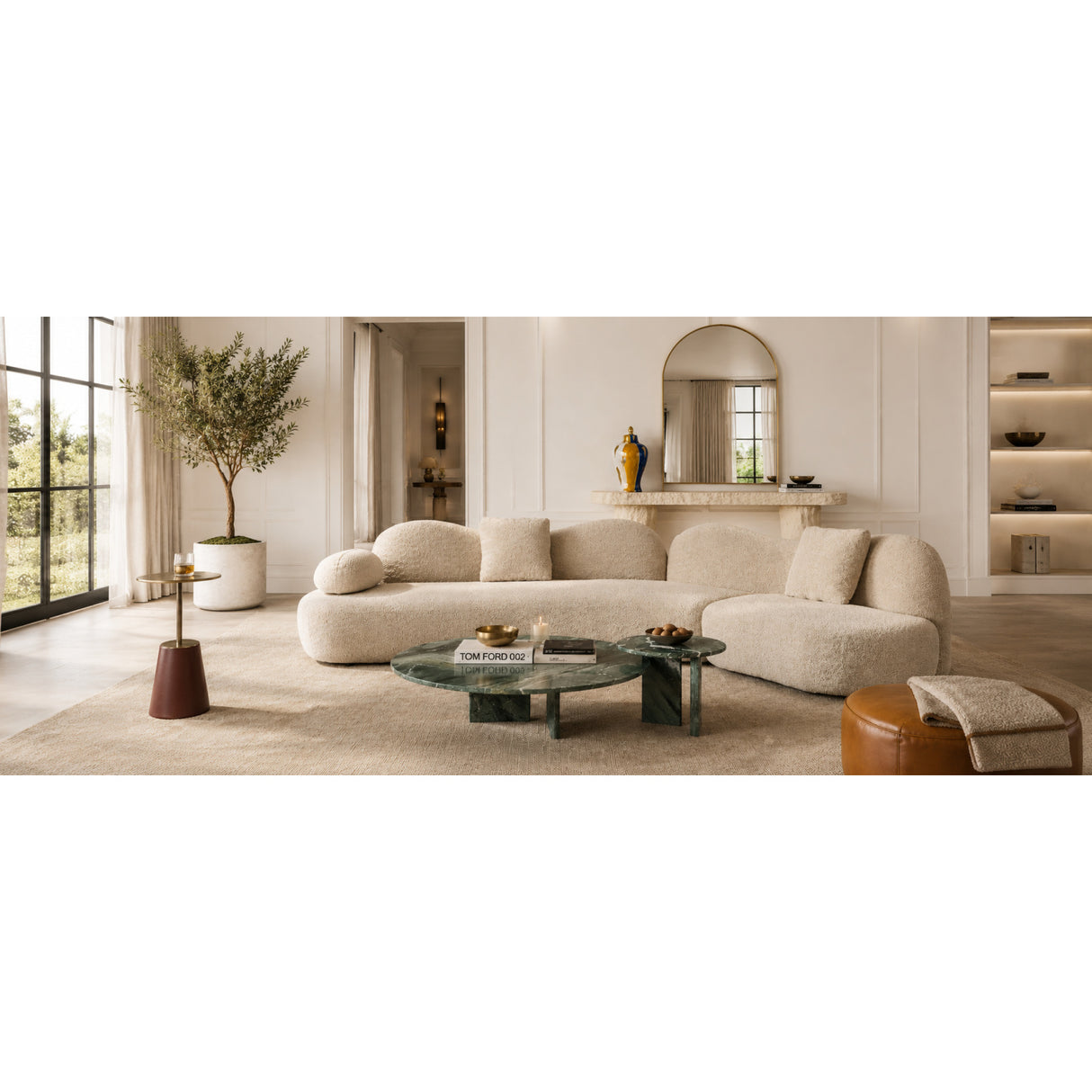 Modern European furniture - Beige Bouclé Curved Sectional Sofa - www.oroa.com