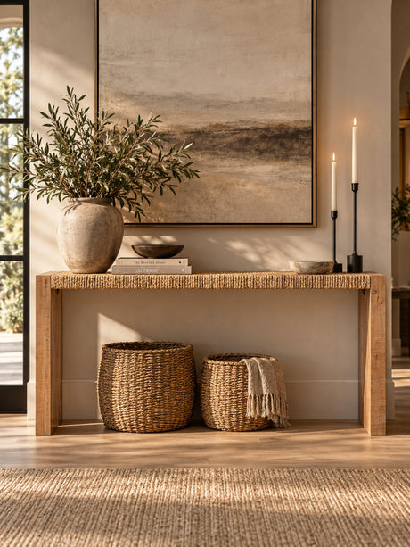 Modern European furniture - 69" Handwoven Natural Seagrass Console Table - www.oroa.com