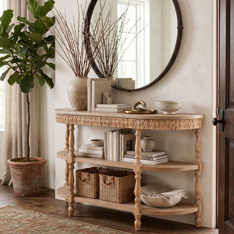 Modern European furniture - Handcrafted Wood Console Table with Woven Trim - www.oroa.com