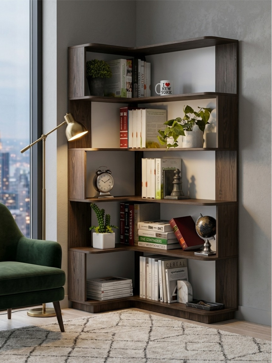 Dark Brown 5-Tier L-Shaped Corner Bookshelf | OROA