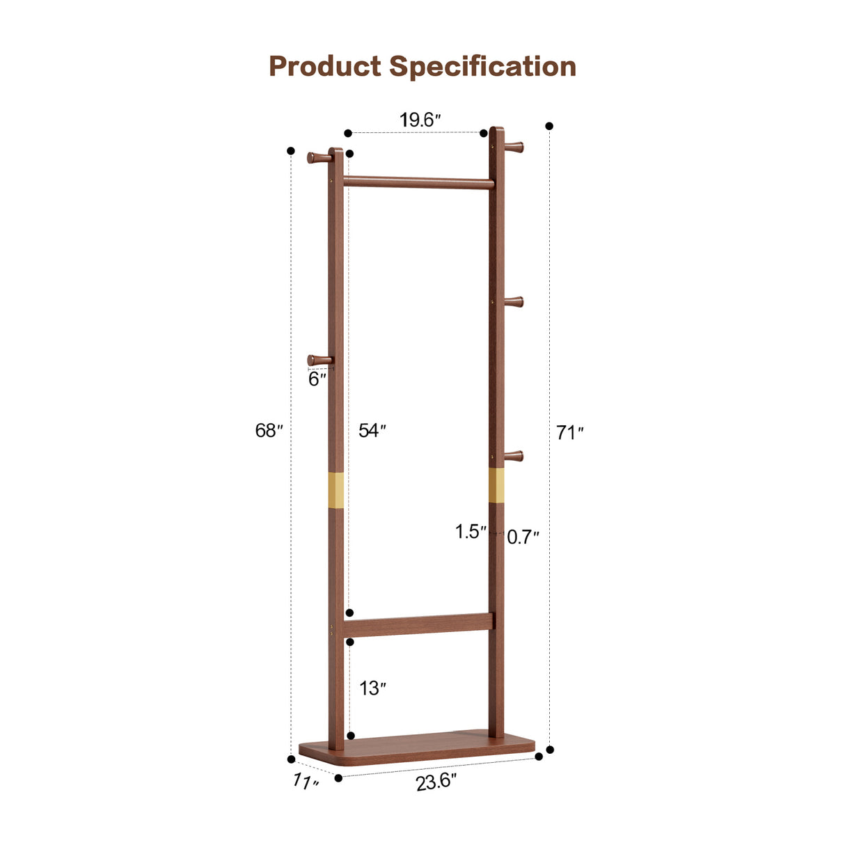 71" Walnut Wood Coat Rack | OROA