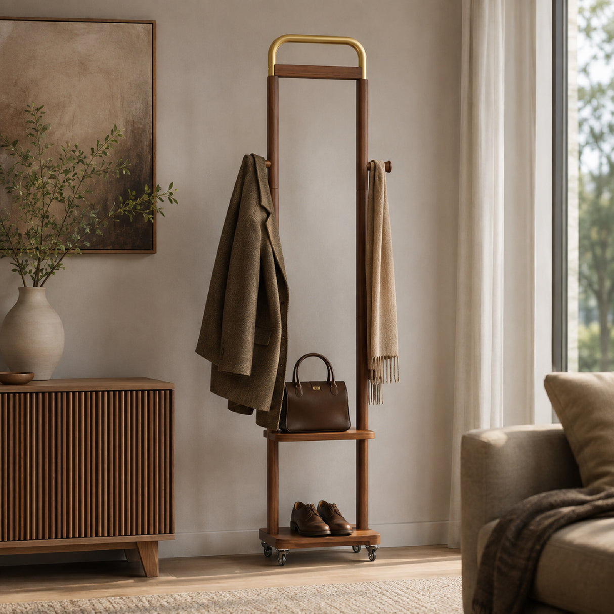 71" Walnut Solid Wood Coat Rack | OROA