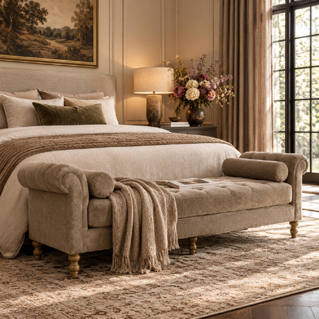 Taupe Chenille Upholstered Daybed Bench | OROA