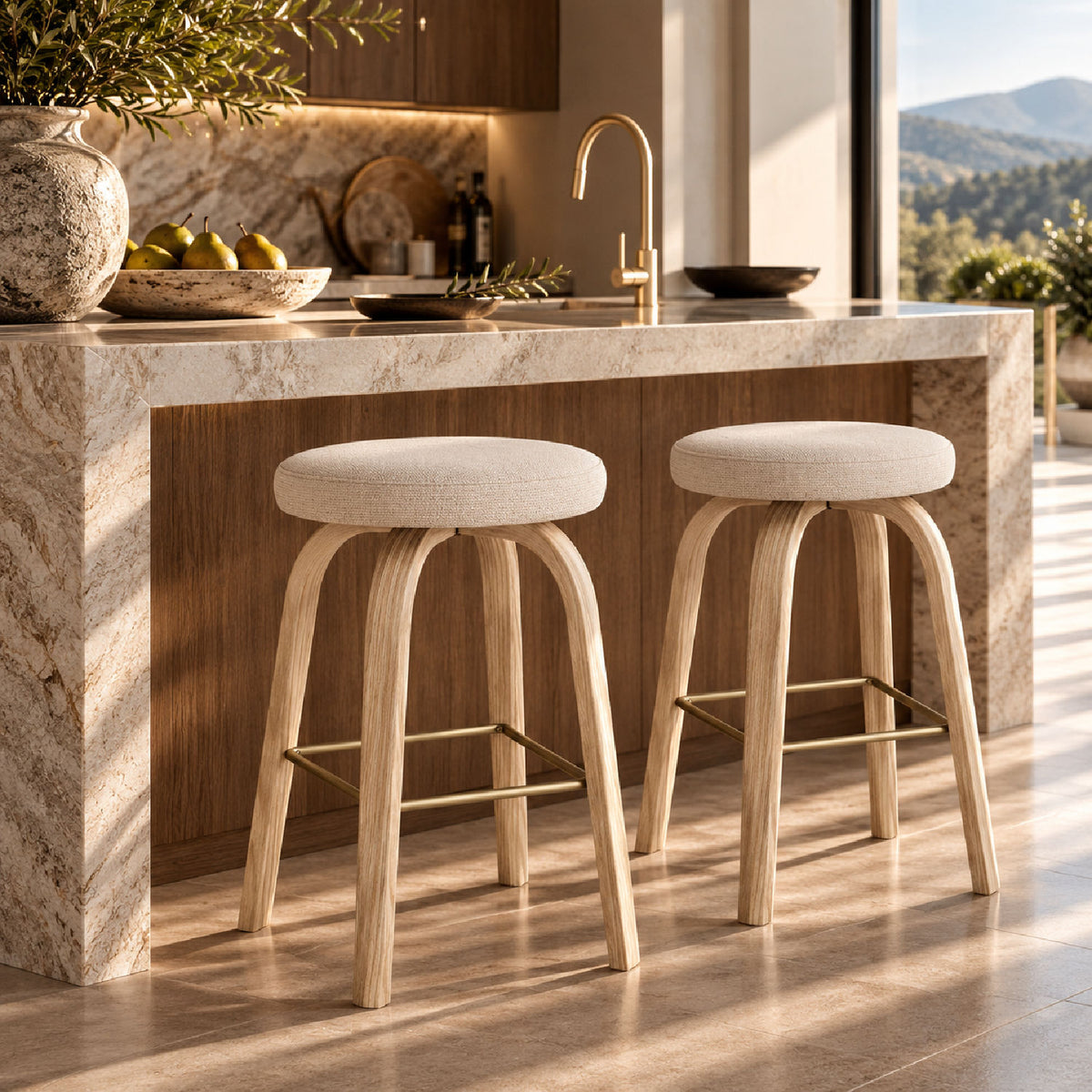 Beige Mid-Century Modern Backless Swivel Bar Stools (2) | OROA
