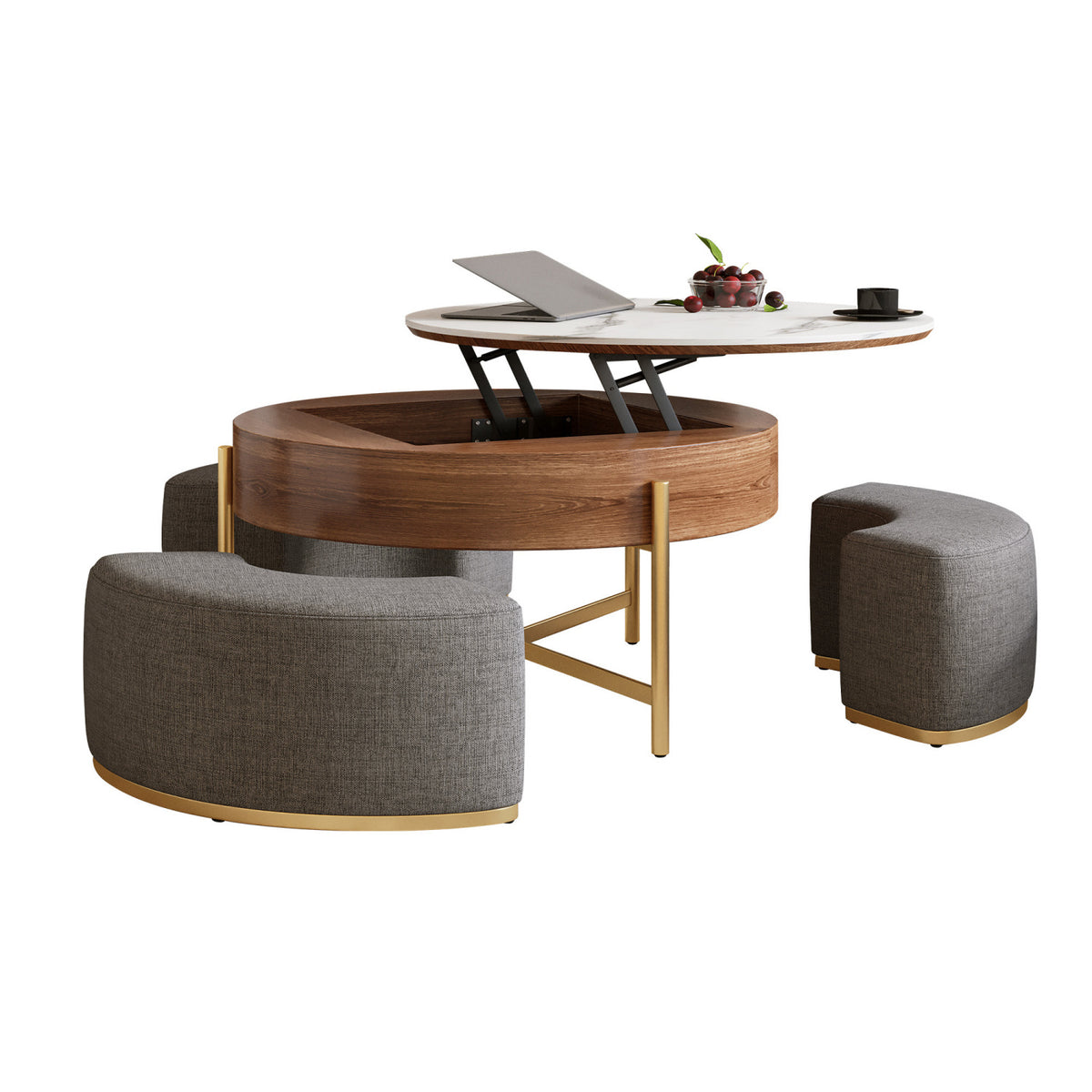 Round Lift-Top Coffee Table with Hidden Storage and Ottomans | OROA