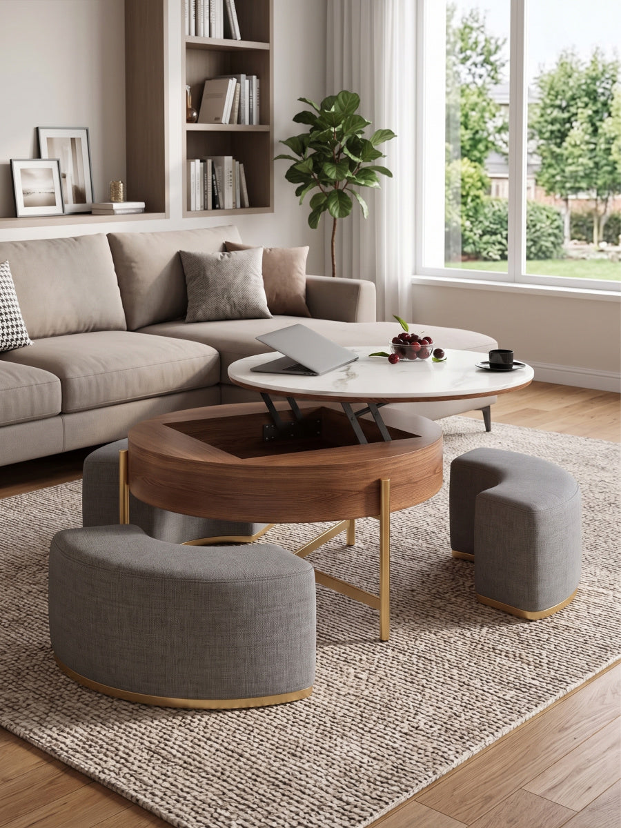 Round Lift-Top Coffee Table with Hidden Storage and Ottomans | OROA