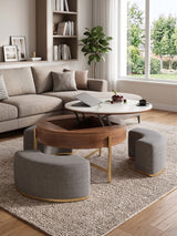 Round Lift-Top Coffee Table with Hidden Storage and Ottomans | OROA