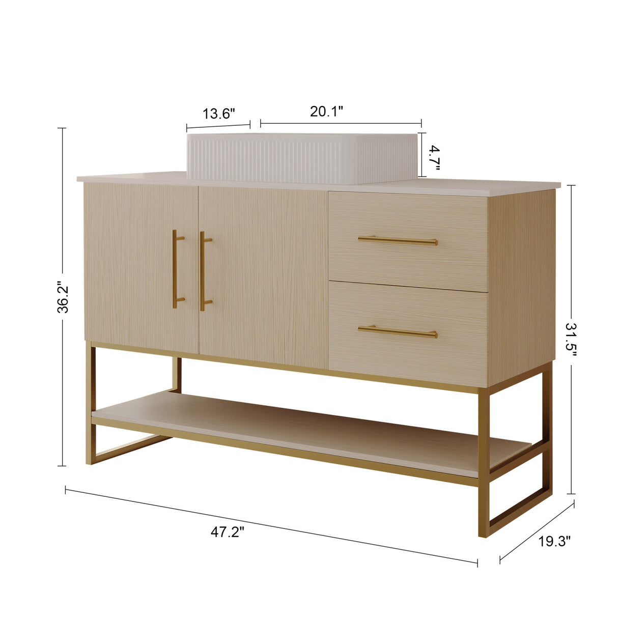 47" White Oak Bathroom Vanity with Gold Accents | OROA