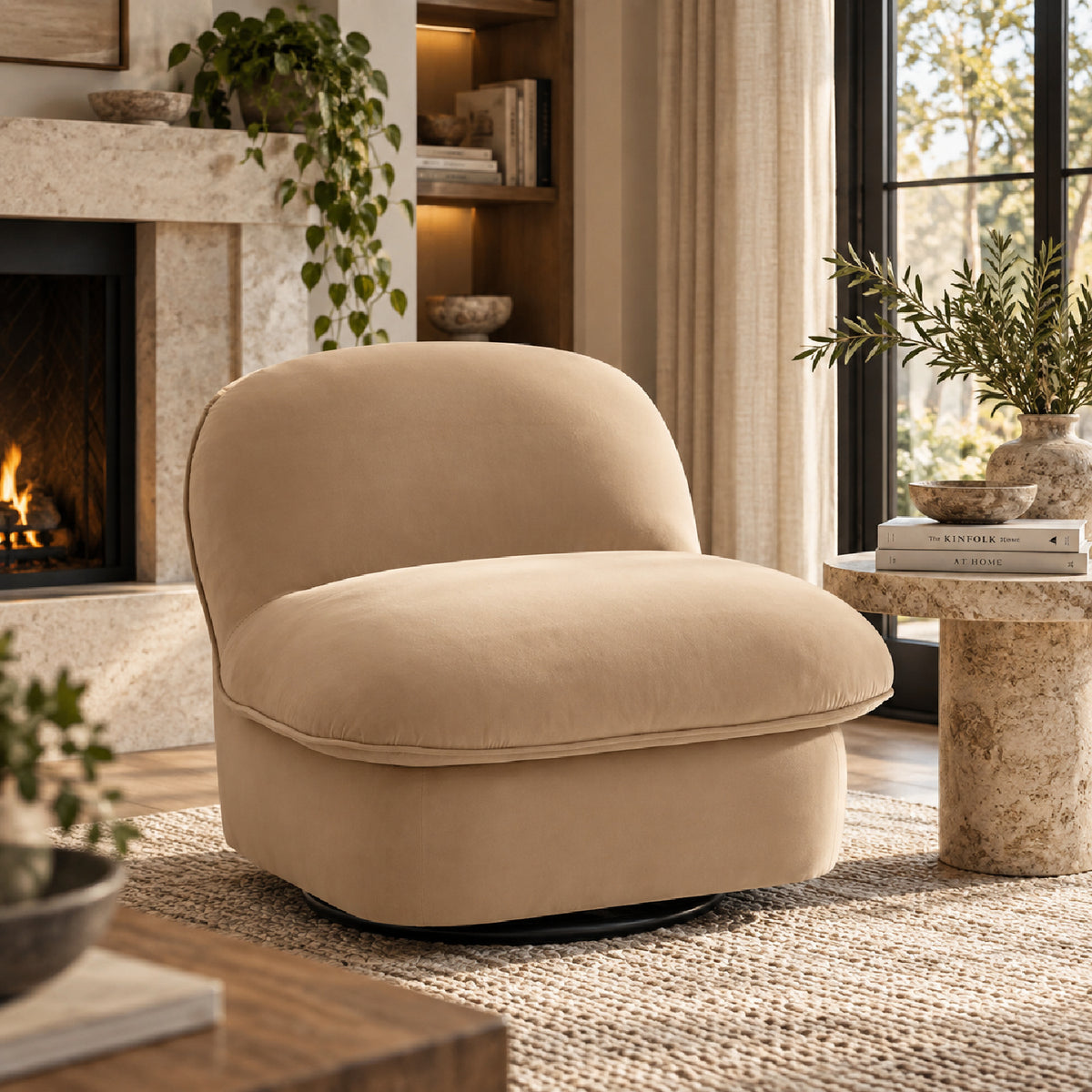 Khaki Pumpkin Shaped Swivel Accent Chair | OROA