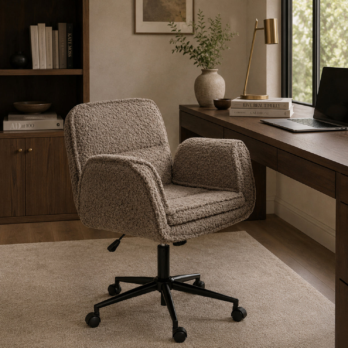 Brown Teddy Fleece Criss Cross Swivel Desk Chair | OROA