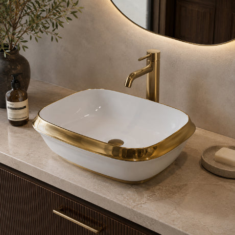 White Gold-Rimmed Ceramic Vessel Sink | OROA