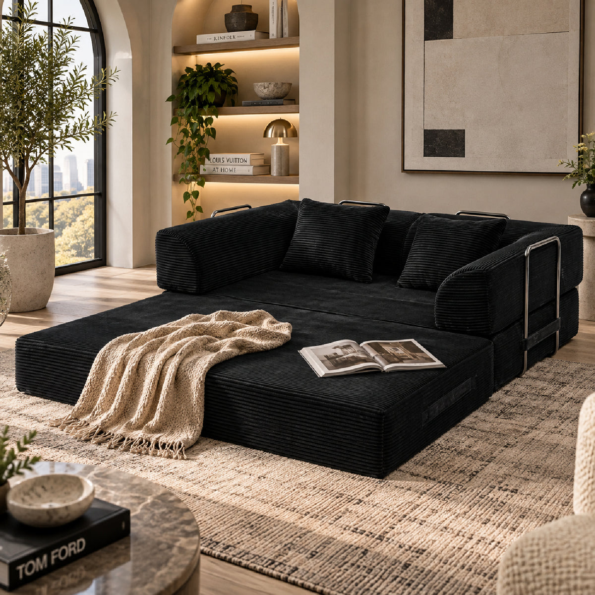 Black Corduroy Convertible Sleeper Floor Sofa Bed | OROA