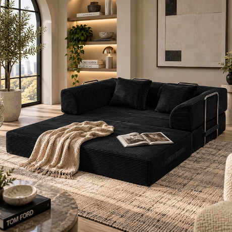Black Corduroy Convertible Sleeper Floor Sofa Bed - OROA - view 2