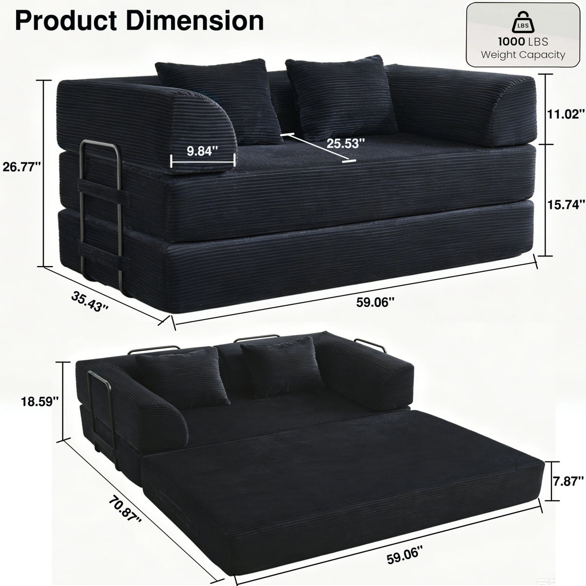 Black Corduroy Convertible Sleeper Floor Sofa Bed | OROA