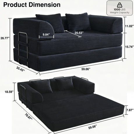 Black Corduroy Convertible Sleeper Floor Sofa Bed - OROA - view 5