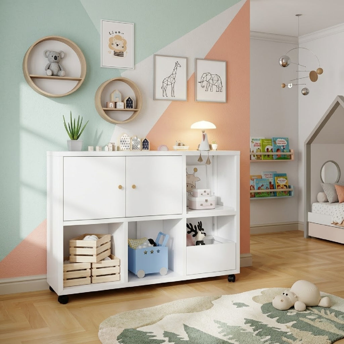 Rolling White Toy Storage Cabinet | OROA Kids