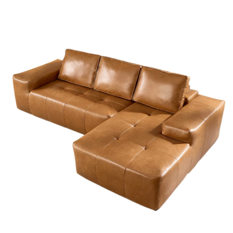 Brown Faux Leather Cloud Sectional Sofa with Chaise | OROA