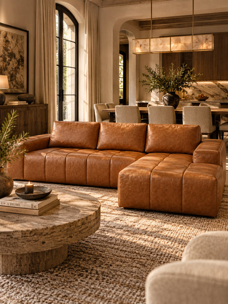 Brown Faux Leather Cloud Sectional Sofa with Chaise | OROA