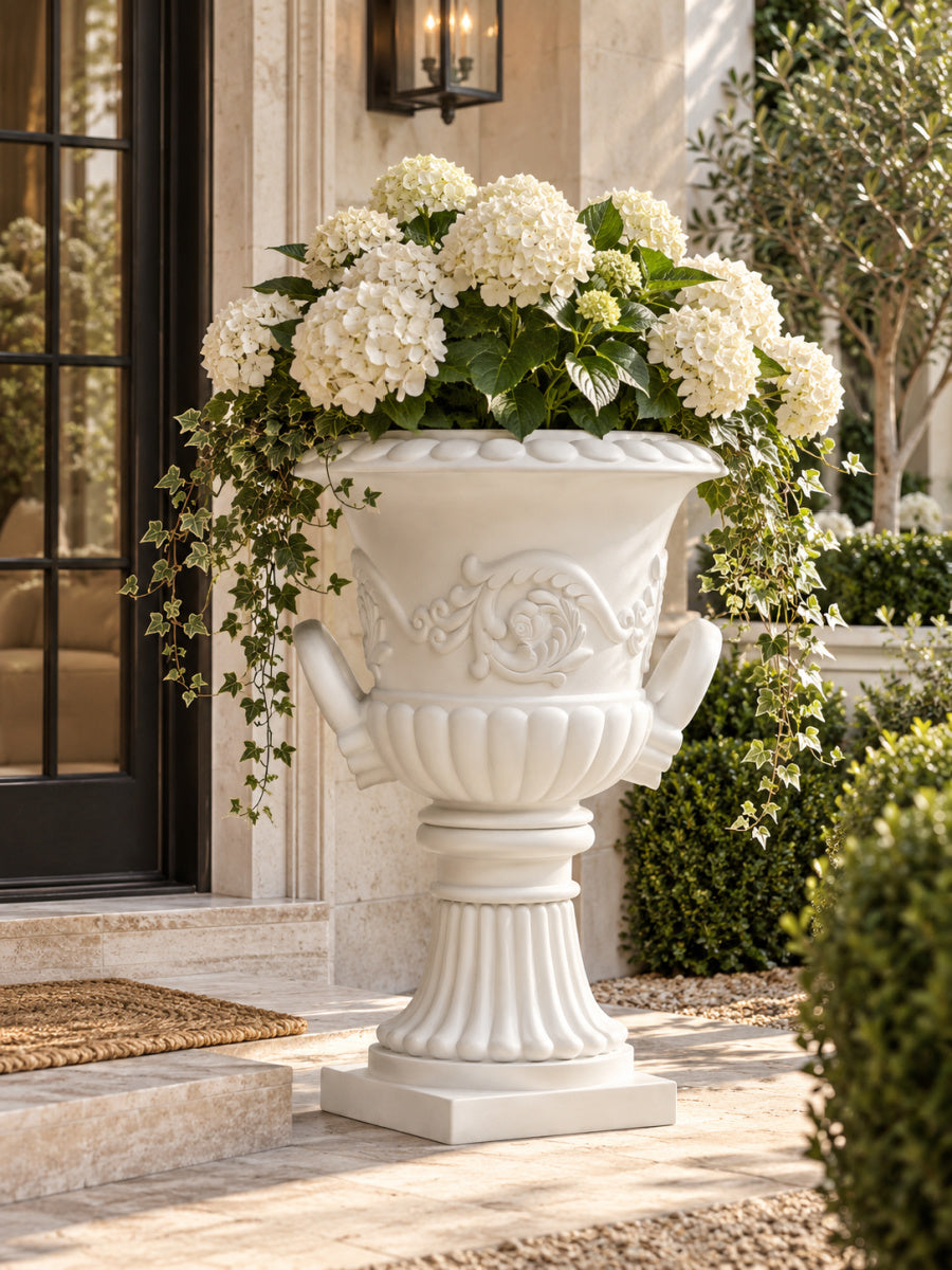 Modern European furniture - White Pedestal Urn Outdoor Planter - www.oroa.com