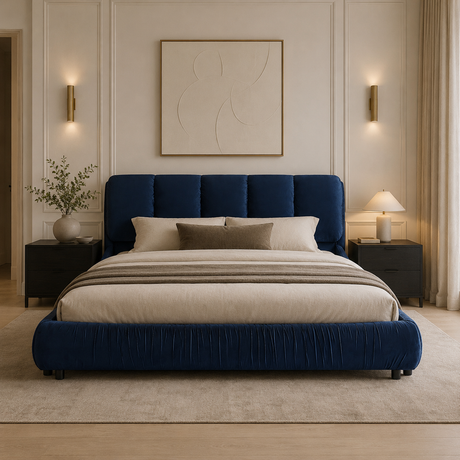 Modern Minimalist Dark Blue Upholstered King Bed | OROA