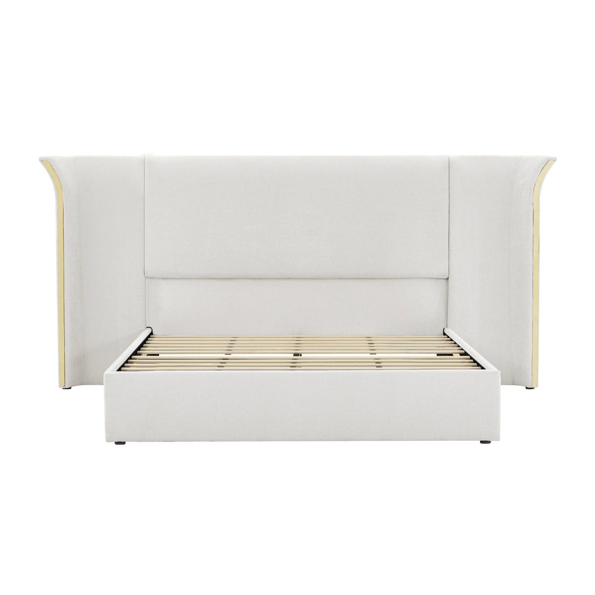 Queen Size Beige Chenille Wingback Upholstered Bed Frame | OROA