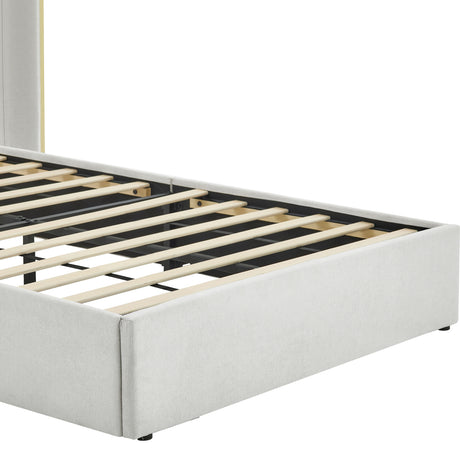 Queen Size Beige Chenille Wingback Upholstered Bed Frame | OROA