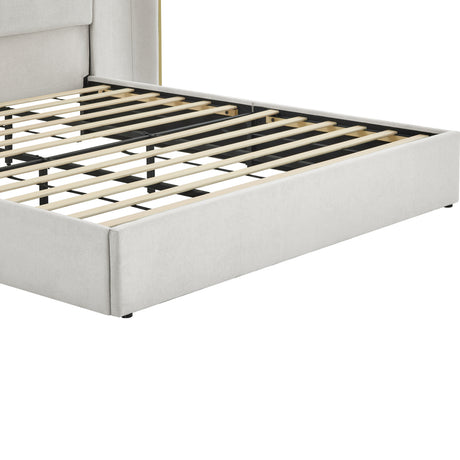 Queen Size Beige Chenille Wingback Upholstered Bed Frame | OROA