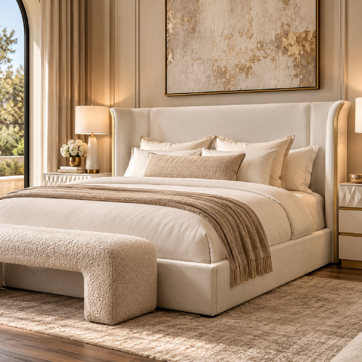 Queen Size Beige Chenille Wingback Upholstered Bed Frame | OROA