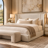 Queen Size Beige Chenille Wingback Upholstered Bed Frame | OROA