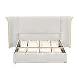 Queen Size Beige Chenille Wingback Upholstered Bed Frame | OROA