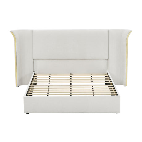 Queen Size Beige Chenille Wingback Upholstered Bed Frame | OROA