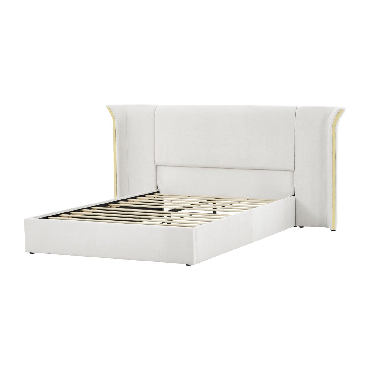 Queen Size Beige Chenille Wingback Upholstered Bed Frame | OROA
