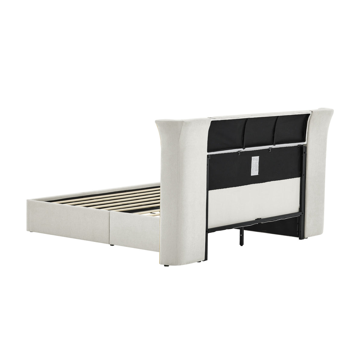 Queen Size Beige Chenille Wingback Upholstered Bed Frame | OROA