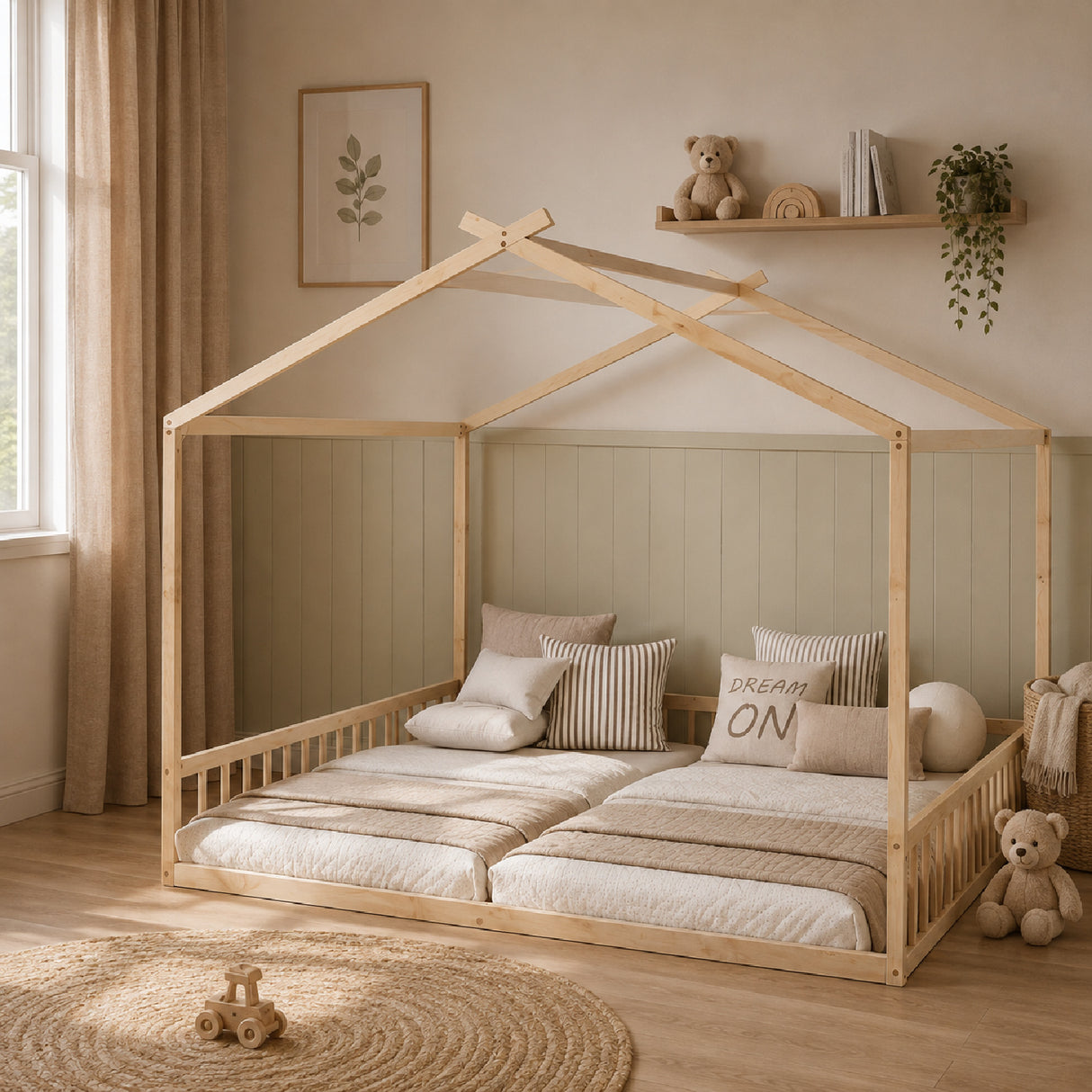 Double Twin House-Shaped Floor Bed | OROA Kids