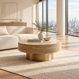 A round coffee table with a light natural wood top and a brushed brass base.