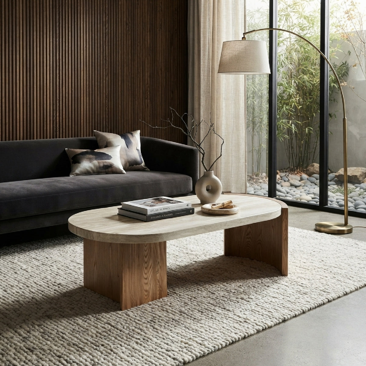 Oval Faux Travertine Modern Coffee Table | OROA