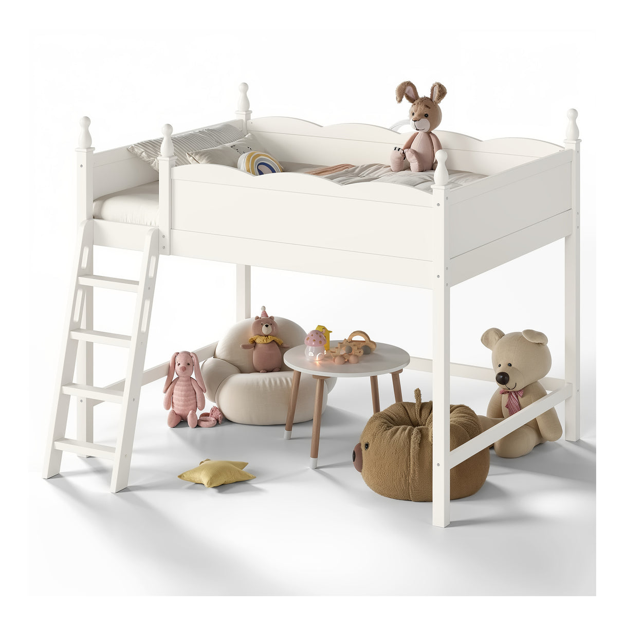 Solid Wood Beige Loft Bed with Ladders | OROA Kids