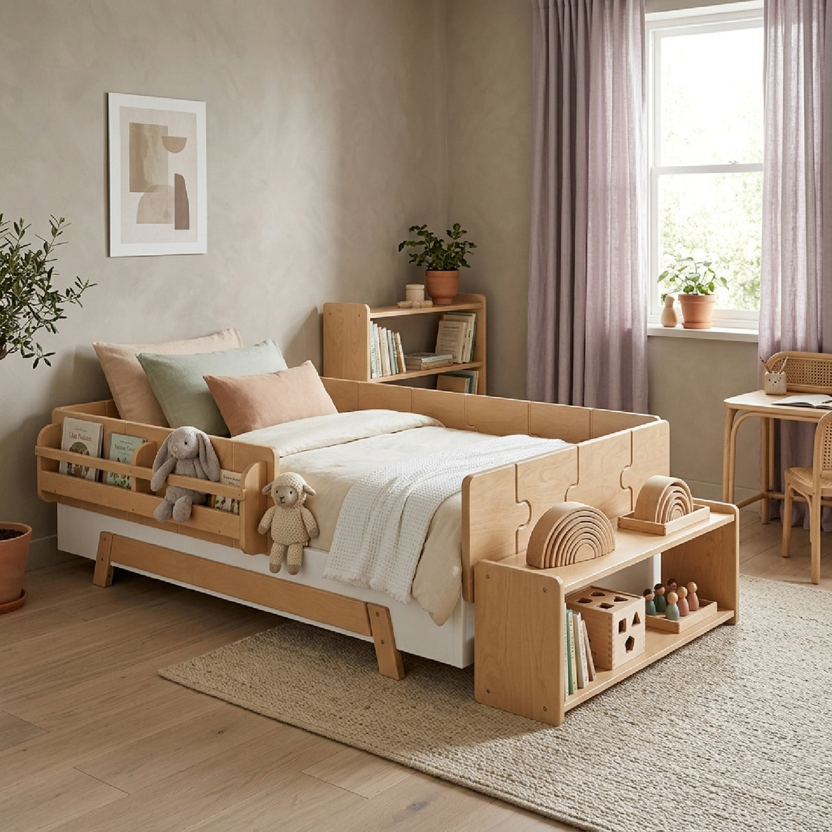 Solid Wood Montessori Twin Bed and Bookshelves | OROA Kids