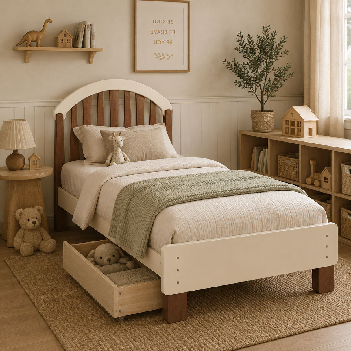 Beige Twin Platform Bed with Storage | OROA Kids