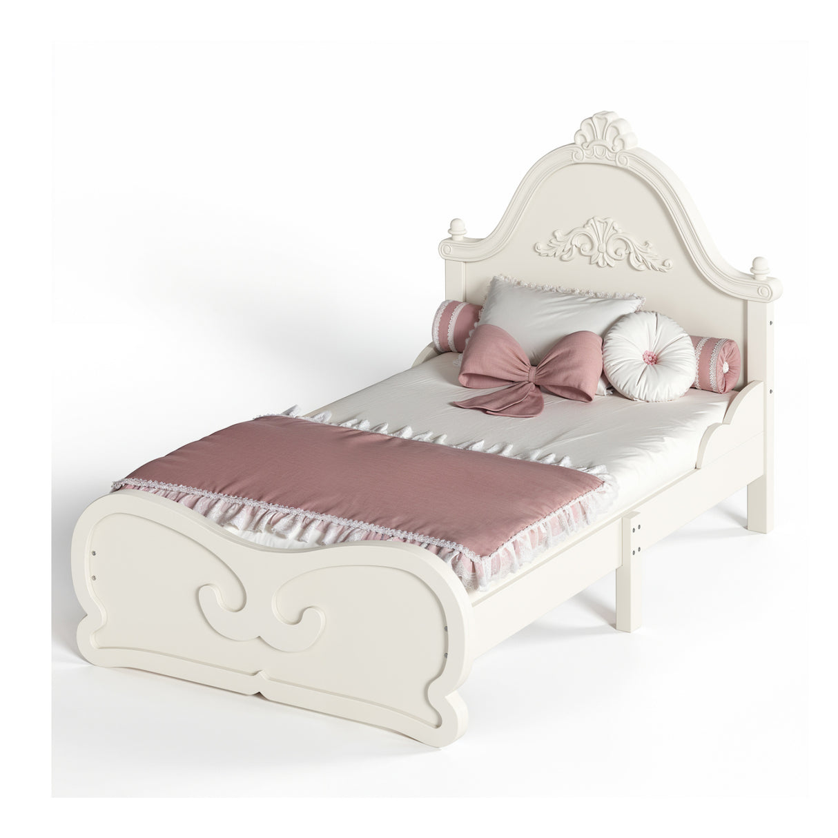 Beige Twin Vintage Carved Solid Wood Platform Bed | OROA Kids