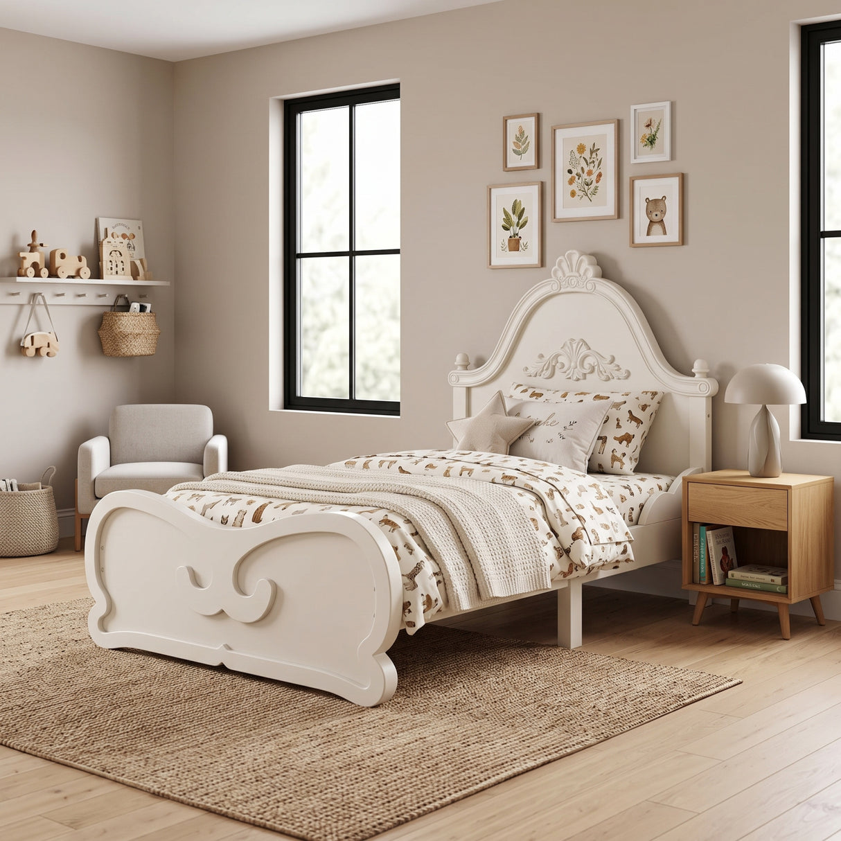 Beige Twin Vintage Carved Solid Wood Platform Bed | OROA Kids