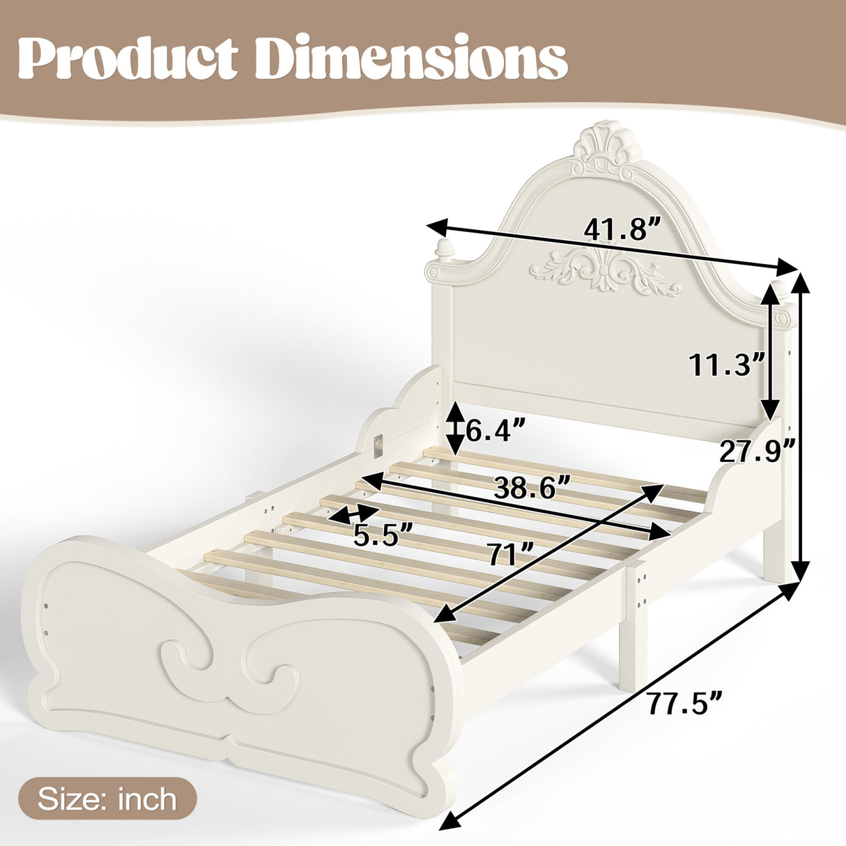 Beige Twin Vintage Carved Solid Wood Platform Bed | OROA Kids