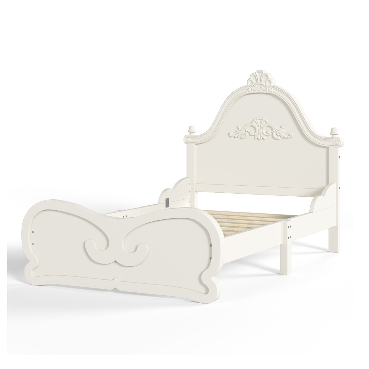 Beige Twin Vintage Carved Solid Wood Platform Bed | OROA Kids