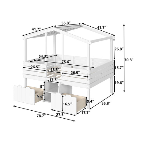 White Full House Loft Bed with Stairs and Storage Drawers | OROA Kids