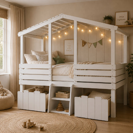 White Full House Loft Bed with Stairs and Storage Drawers | OROA Kids