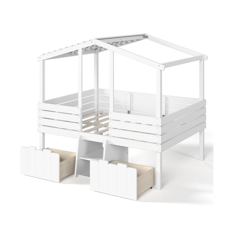 White Full House Loft Bed with Stairs and Storage Drawers | OROA Kids