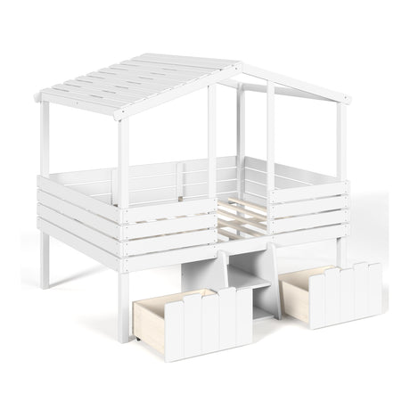 White Full House Loft Bed with Stairs and Storage Drawers | OROA Kids